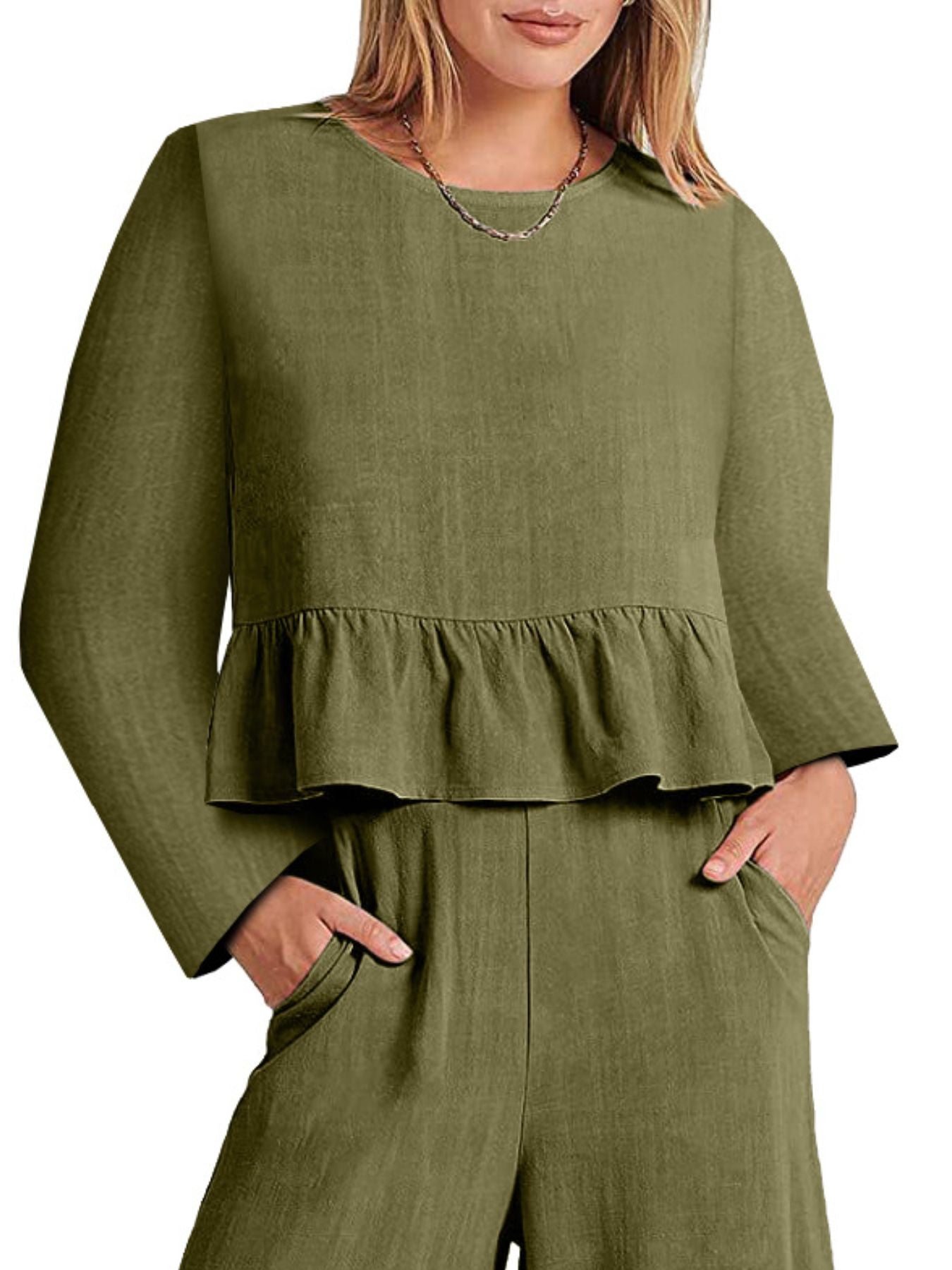 Full Size Ruffled Hem Long Sleeve Top and Pants Set Plus Size Secondary image