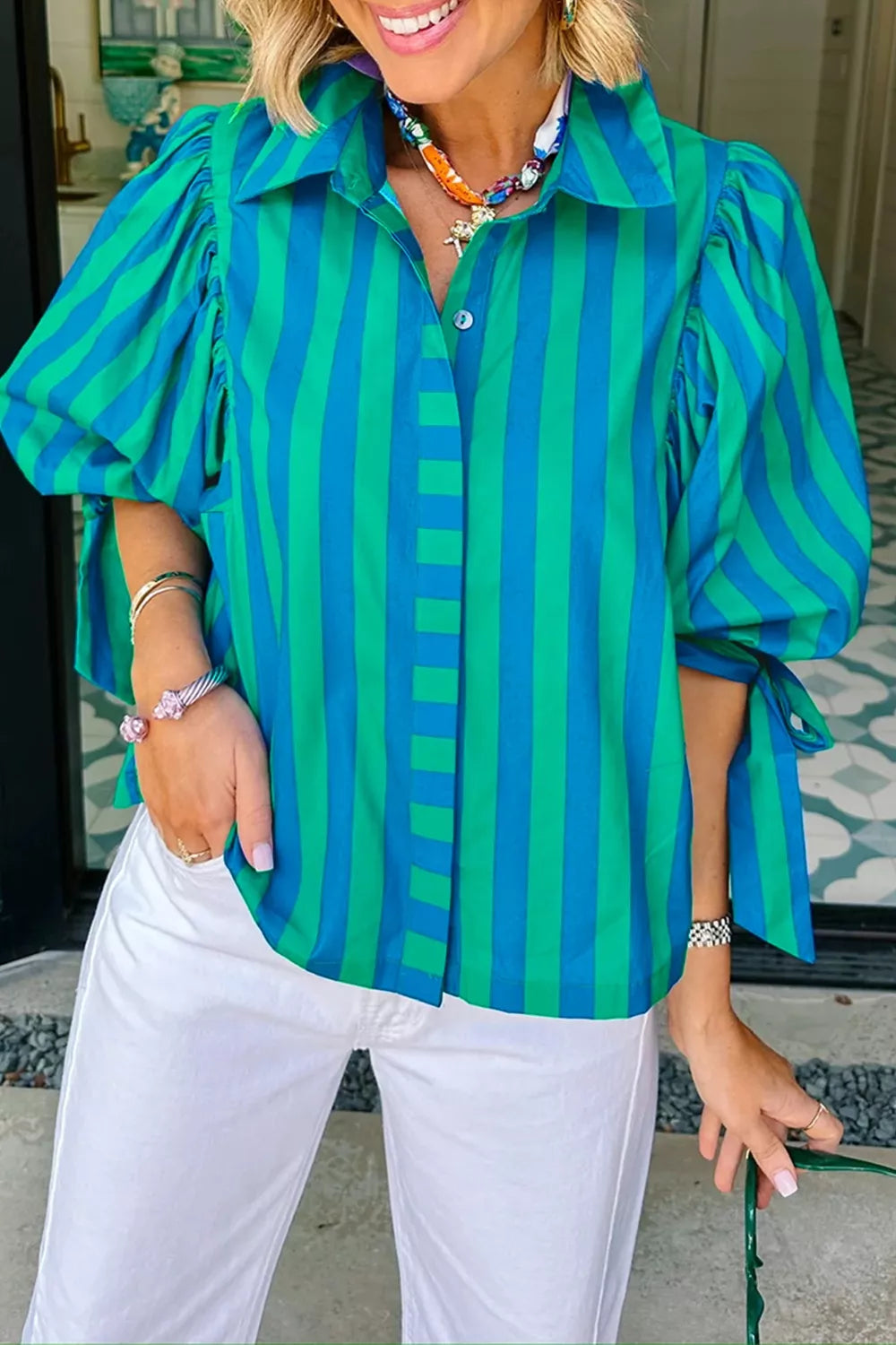 Stripe Tie Puff Sleeve Button Down Shirt Secondary image