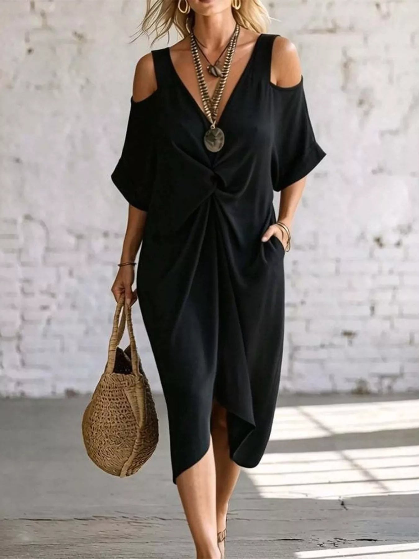 Full Size Cold Shoulder Twist Front Midi Dress Plus Size Secondary image