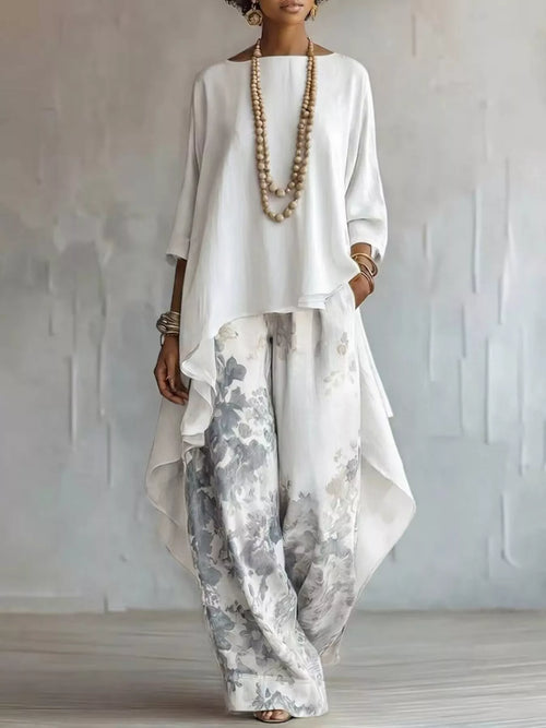 Asymmetrical Hem Top and Floral Pants Set