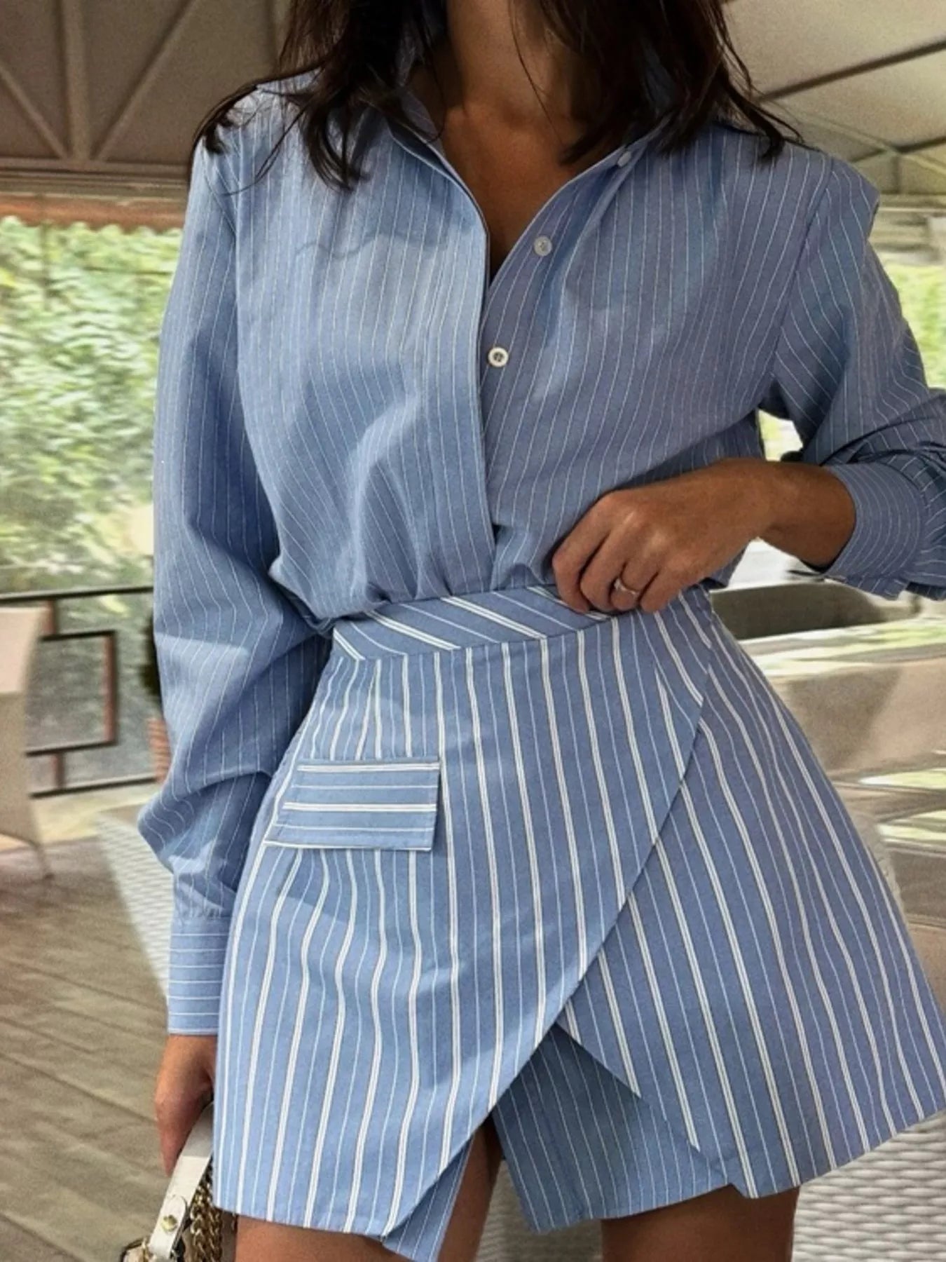Striped Shirt and Asymmetrical Mini Skirt Set Secondary image