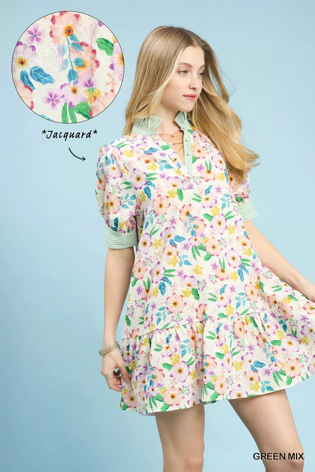 Umgee Mix Floral Ruffle Collar Tiered Babydoll Dress Secondary image