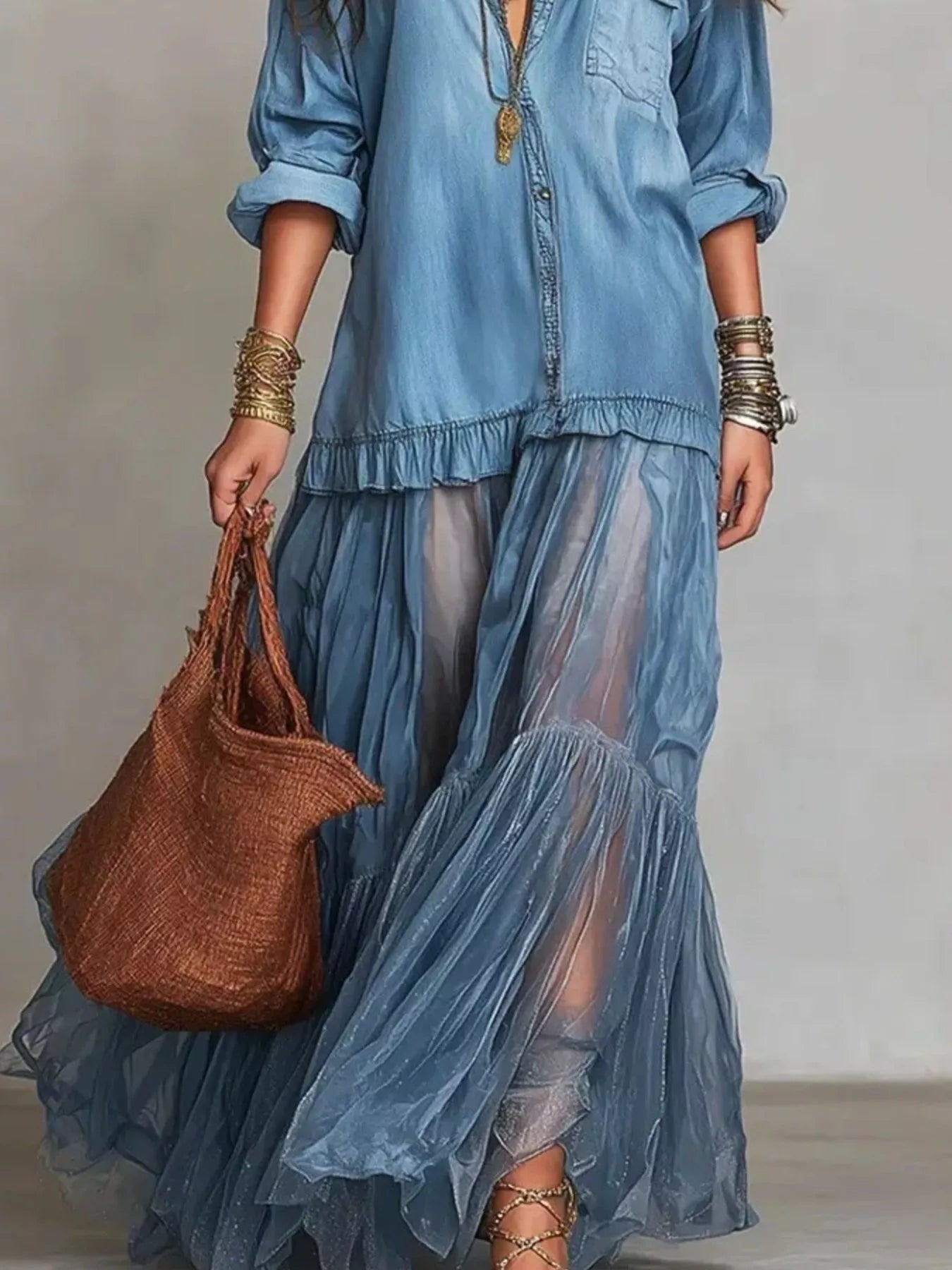 Full Size Tiered Long Sleeve Denim Shirt Maxi Dress Plus Size Secondary image