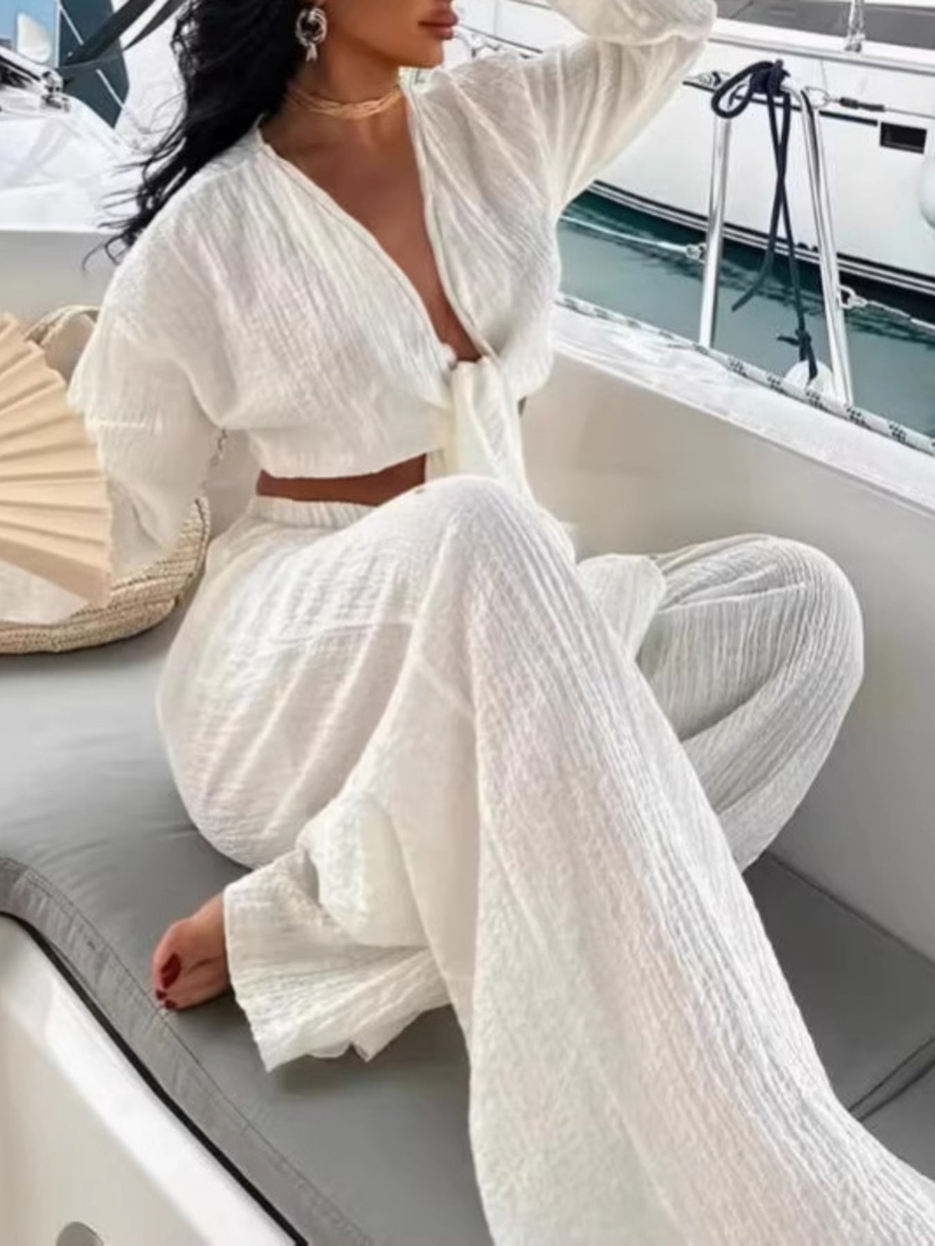 Textured Tie-Front Crop Top and Wide Leg Pants Set Secondary image