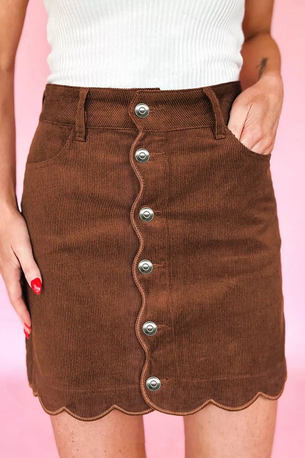 Button Front Corduroy Mini Pockets Sheath Silhouette Skirt Secondary image