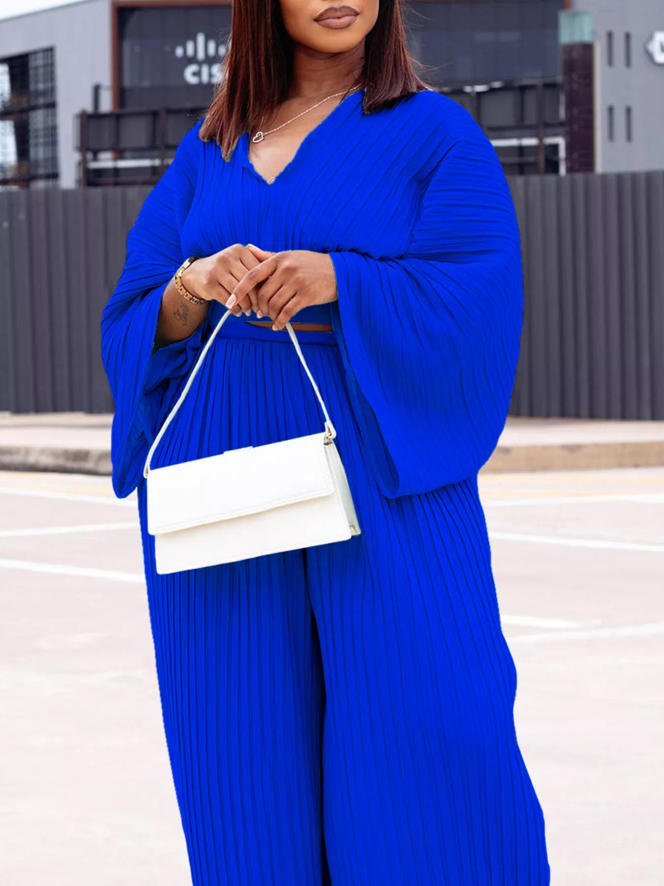 Full Size Pleated Crop Top and Wide Leg Pants Set Plus Size Secondary image