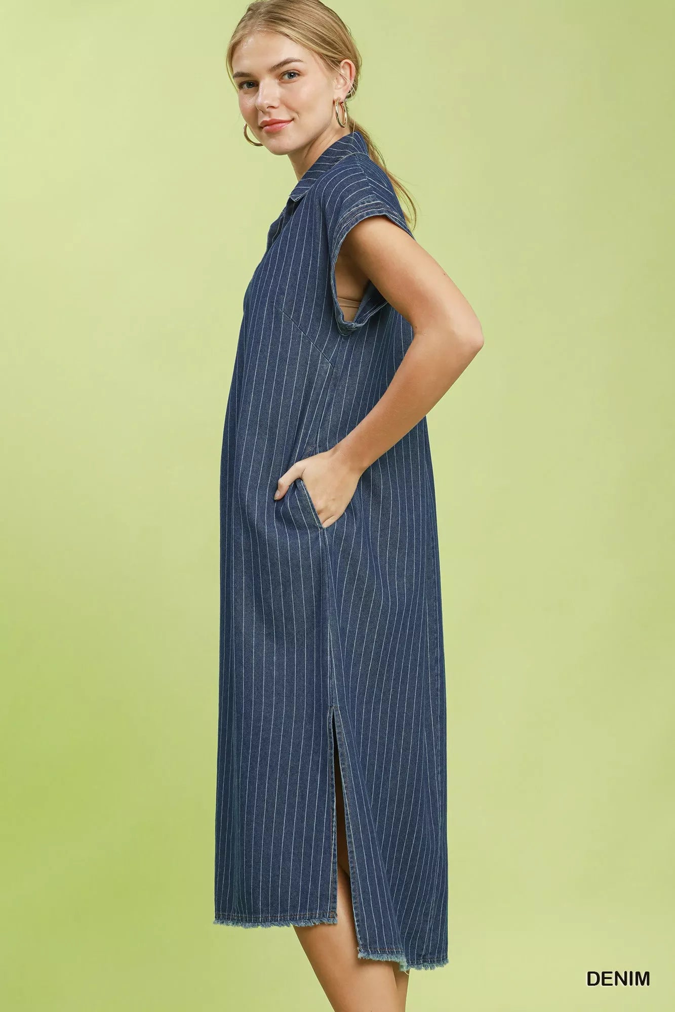 Umgee Pinstripe Denim Collared Midi Dress with Side Slits Secondary image