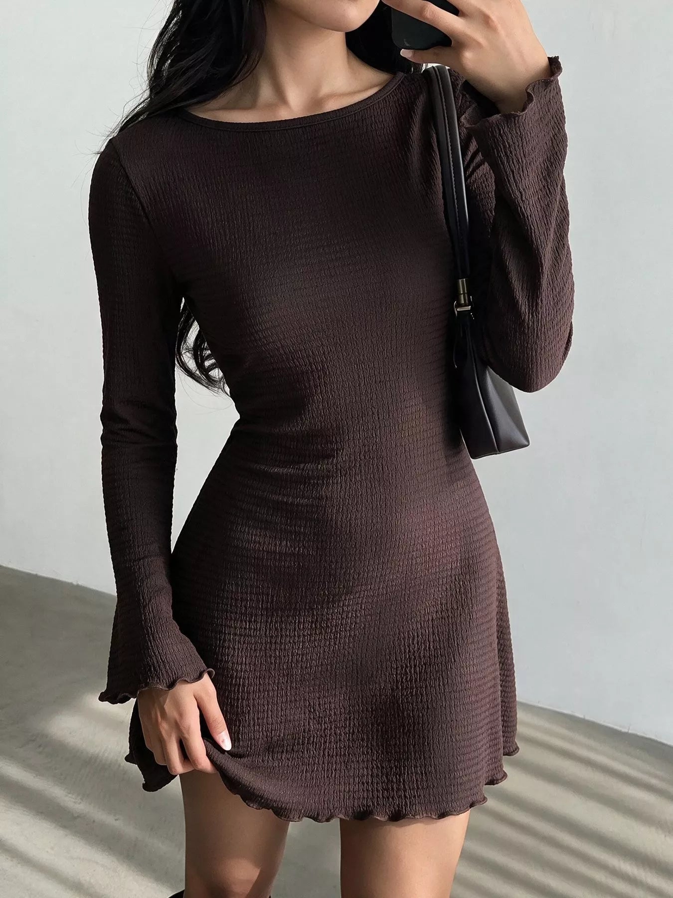 Long-Sleeve Waffle Knit Bodycon Mini Dress Secondary image