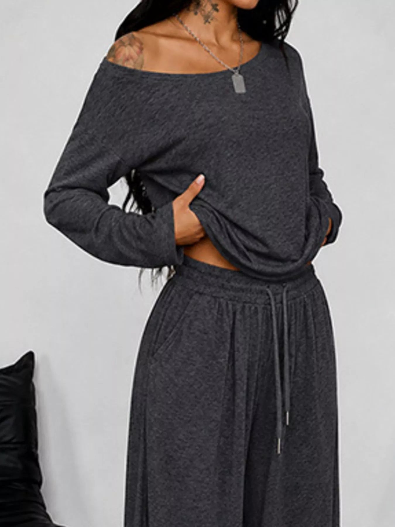 Full Size One-Shoulder Top and Drawstring Pants Set Plus Size Secondary image