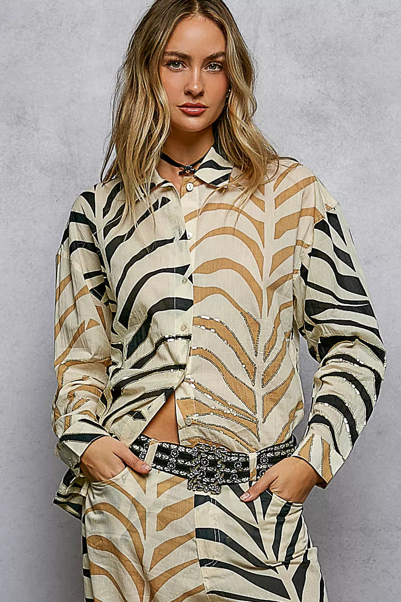 POL Two-Tone Printed Woven Spangle Long Sleeve Shirt Secondary image