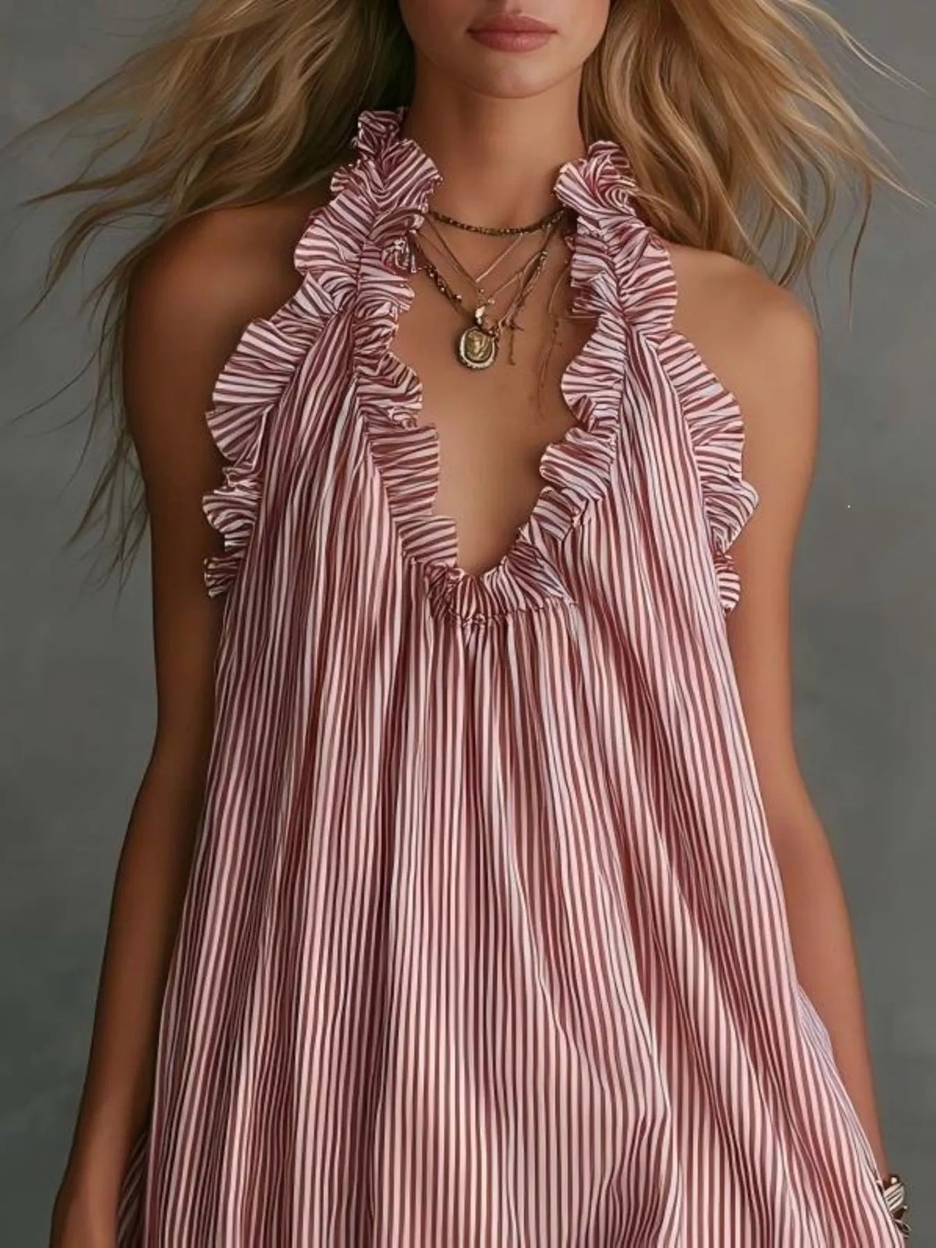 Full Size Ruffled Trim Halter Neck Mini Dress Plus Size Secondary image