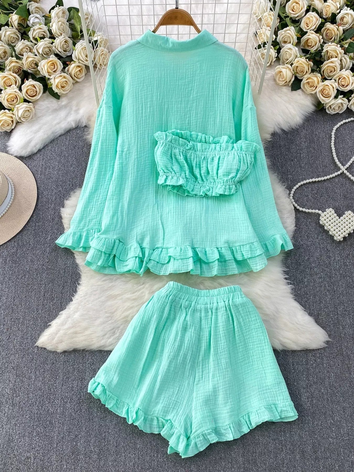 Tube Top & Long Sleeve Shirt & Shorts 3 Piece Set Secondary image