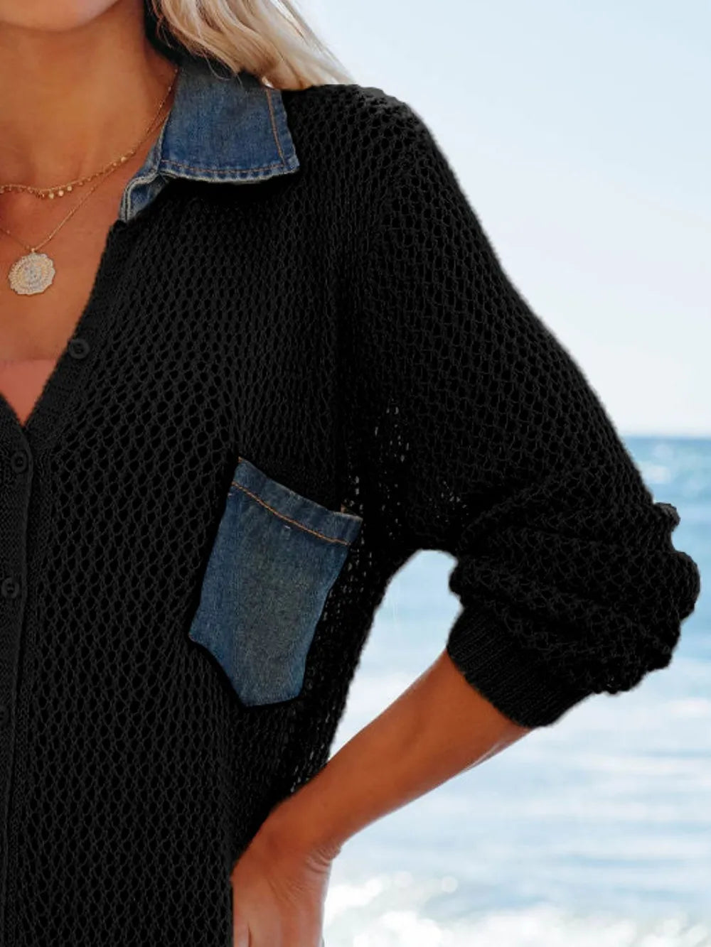 Side Slit Openwork Collared Neck Cover-Up Secondary image