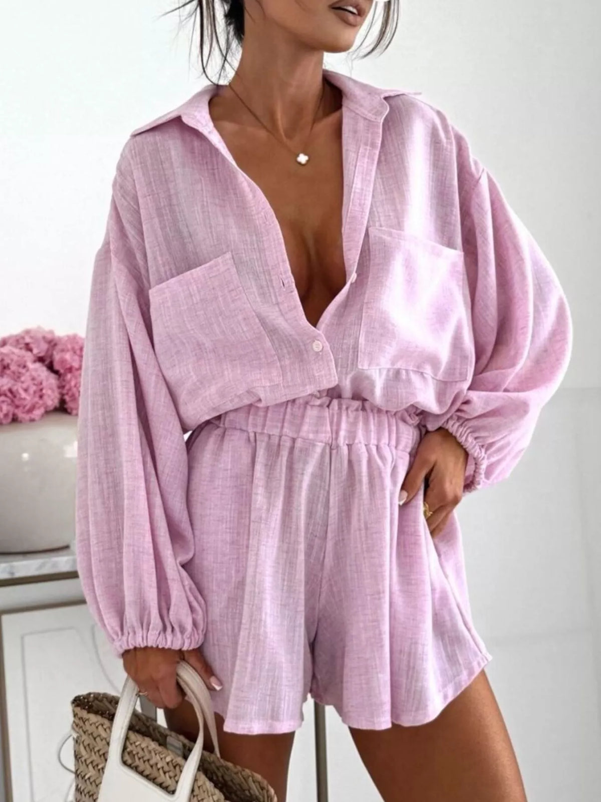 Long Sleeve Shirt and High-Waisted Shorts Set - photo 10