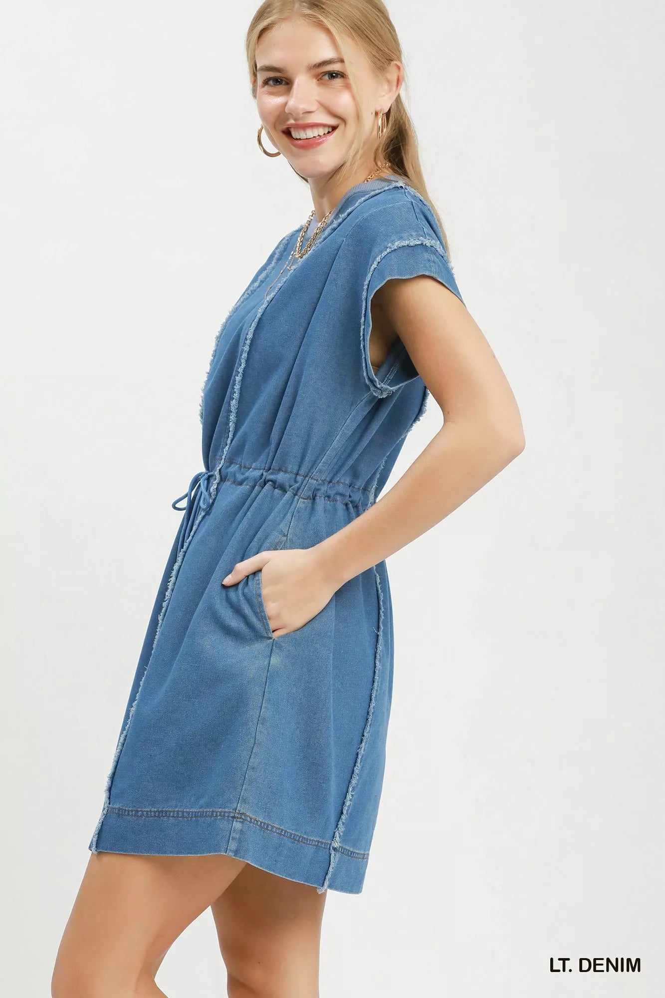Umgee Drawstring Waist Frayed Denim Mini Dress Secondary image