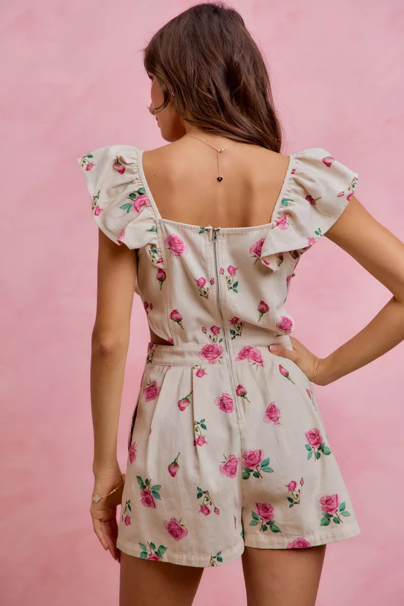 SO ME Floral Print Denim Cut Out Waist Ruffled Romper Secondary image