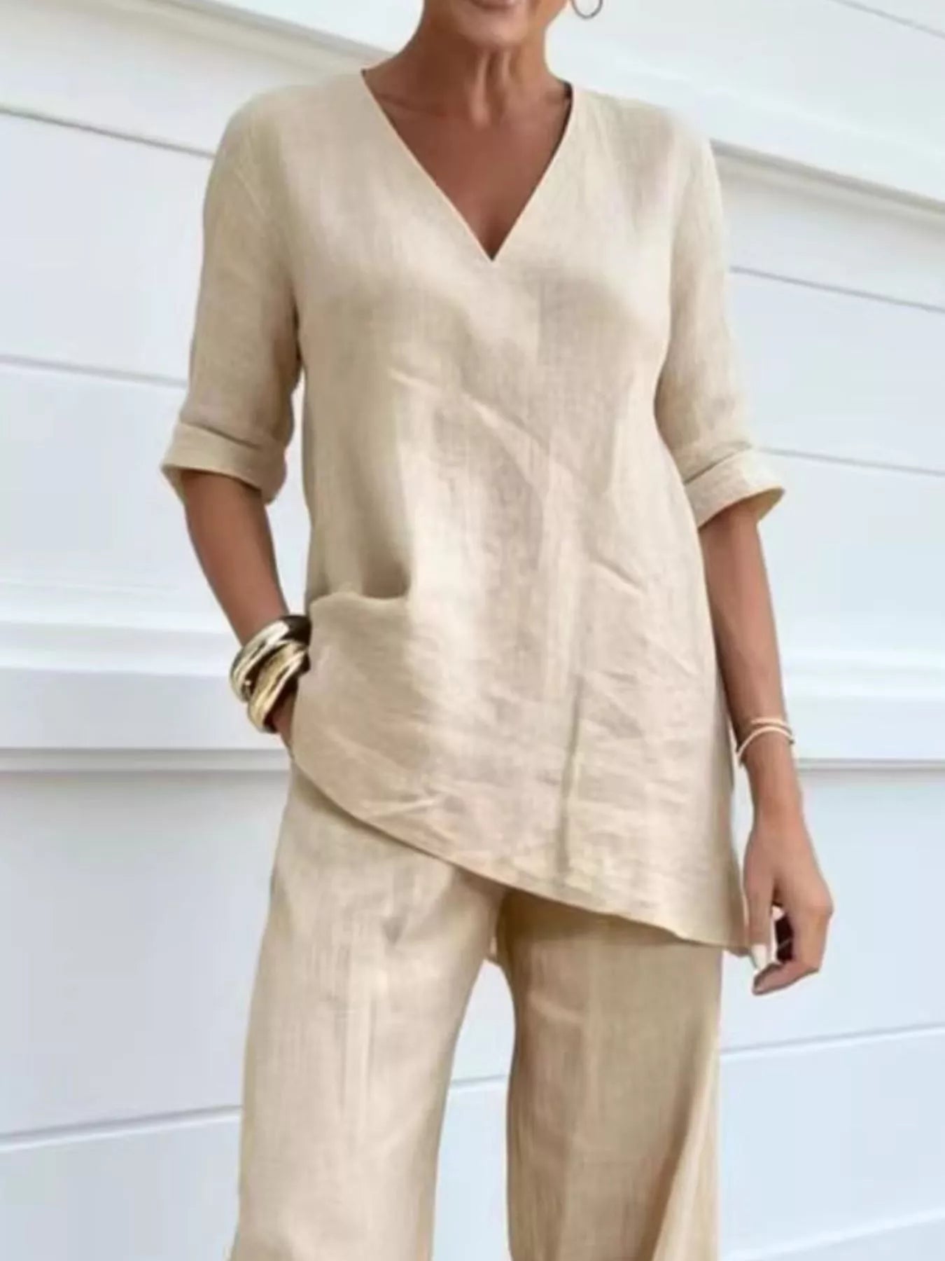 Full Size V-Neck Half Sleeve Top and Pants Set Plus Size Secondary image