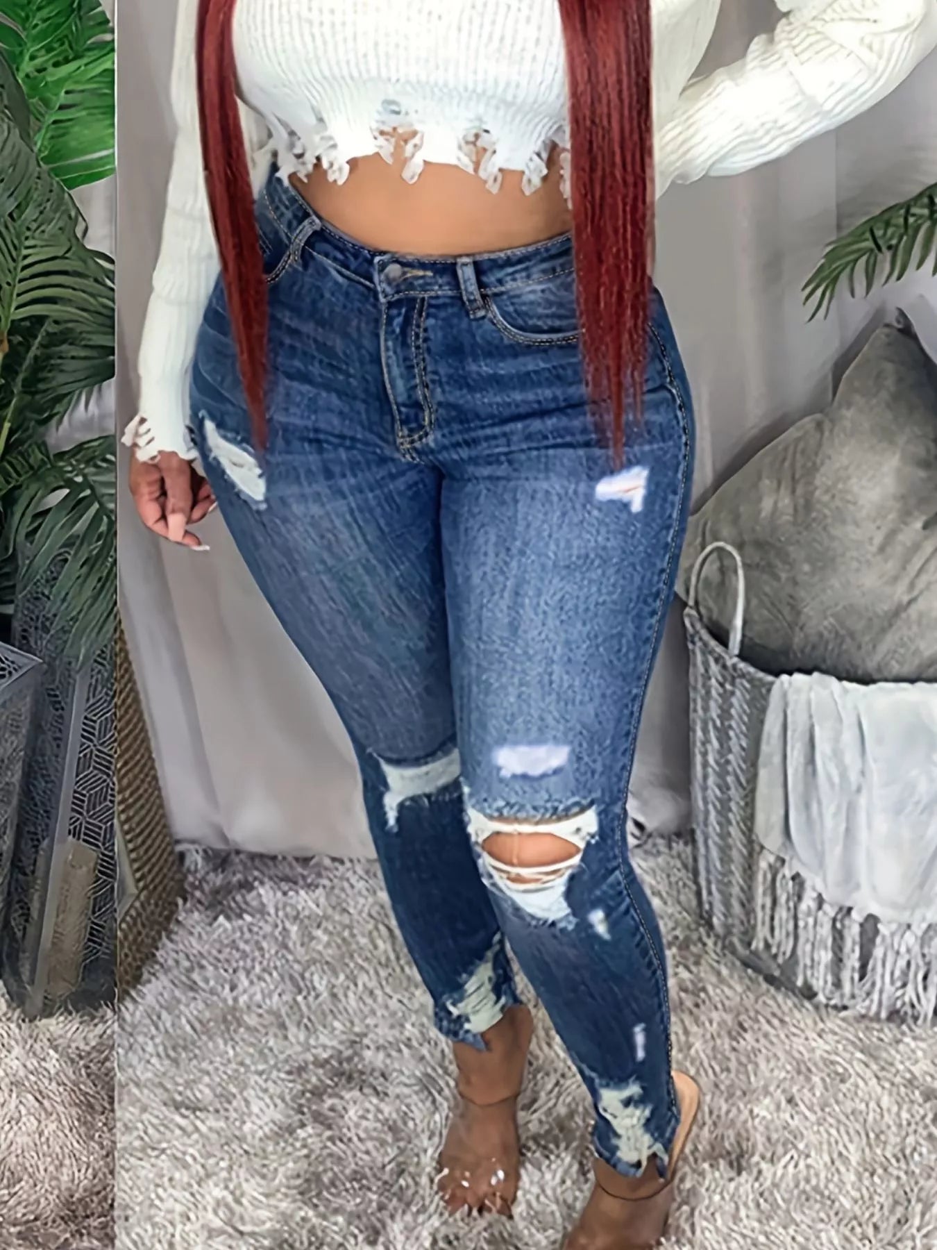 Plus Size Slim Fit Distressed Jeans Secondary image