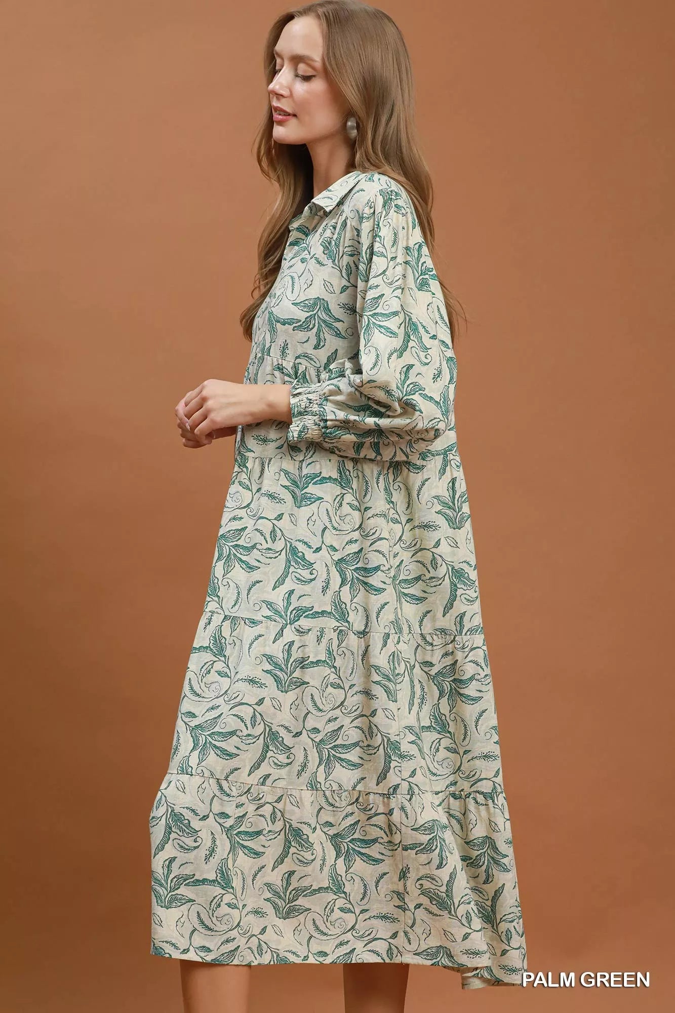 Umgee Linen Botanical Print Tiered Midi Dress Secondary image