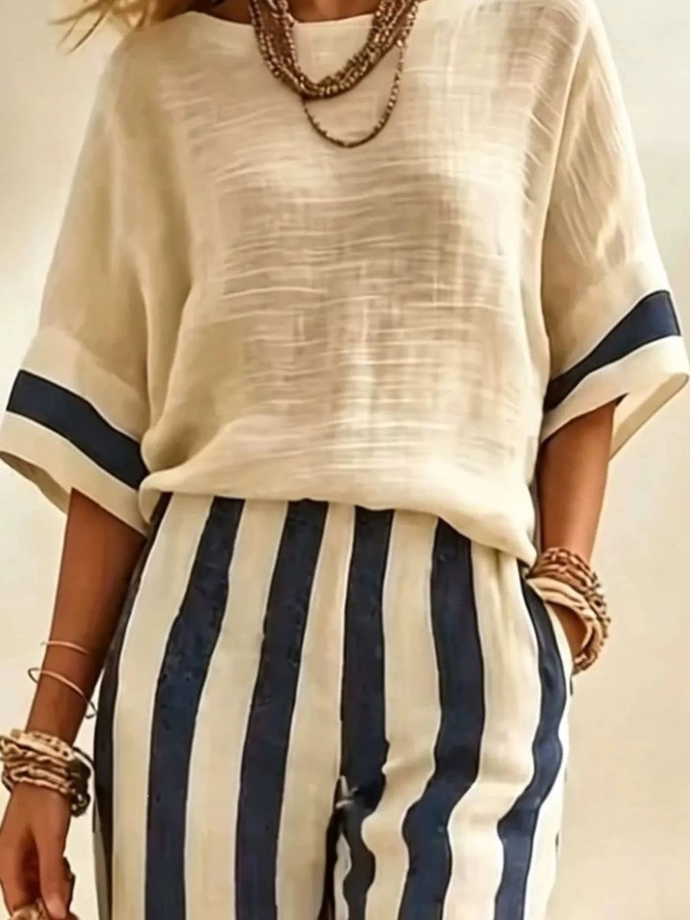 Full Size Striped Half Sleeve Top and Pants Set Plus Size Secondary image