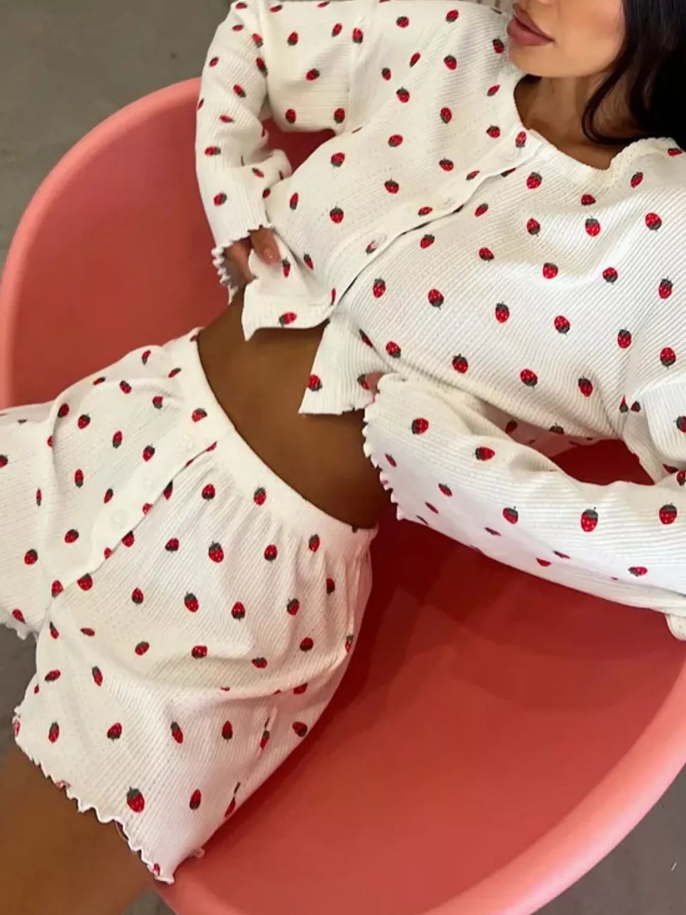 Strawberry Print Button-Down Top and Shorts Lounge Set Secondary image