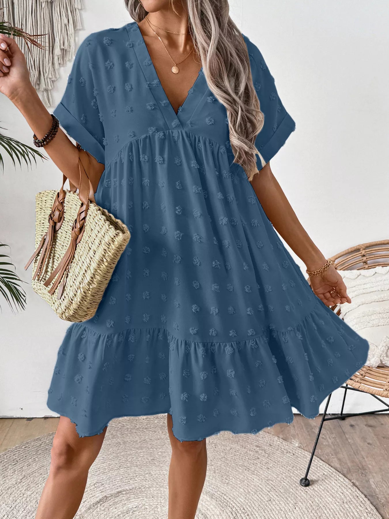 Swiss Dot V-Neck Tiered Mini Dress Secondary image