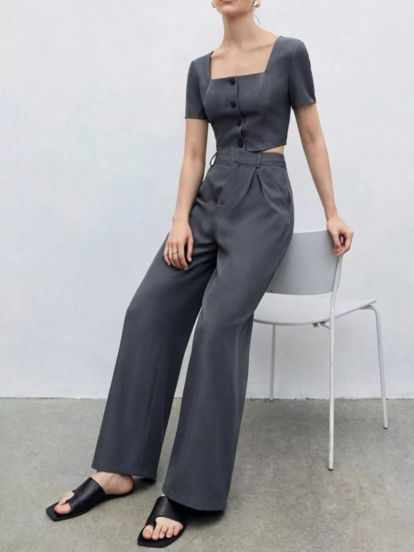 Square Neck Crop Top & Wide Leg Pants Set Secondary image