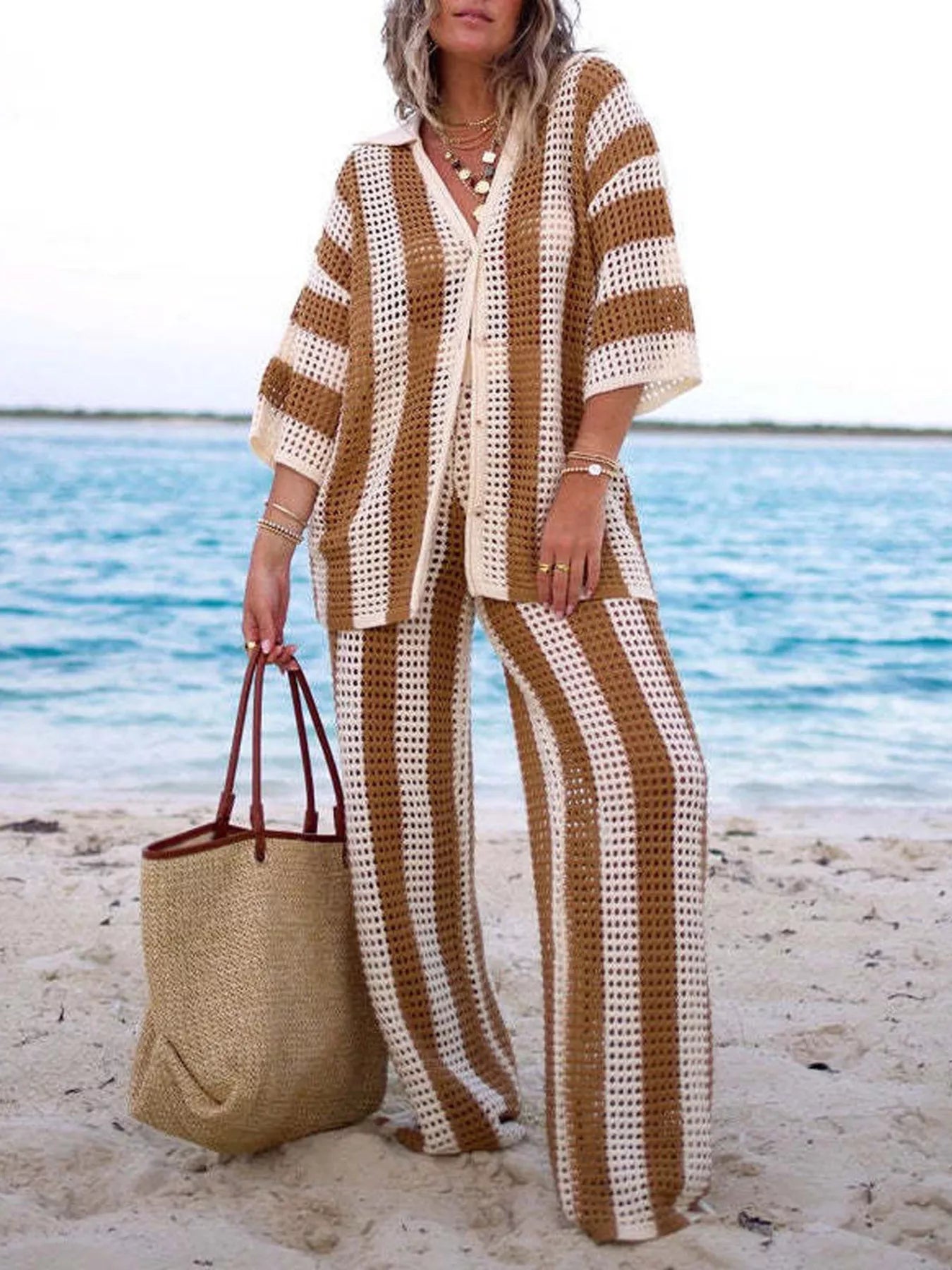 Striped Crochet Knit Shirt and Pants Set Secondary image