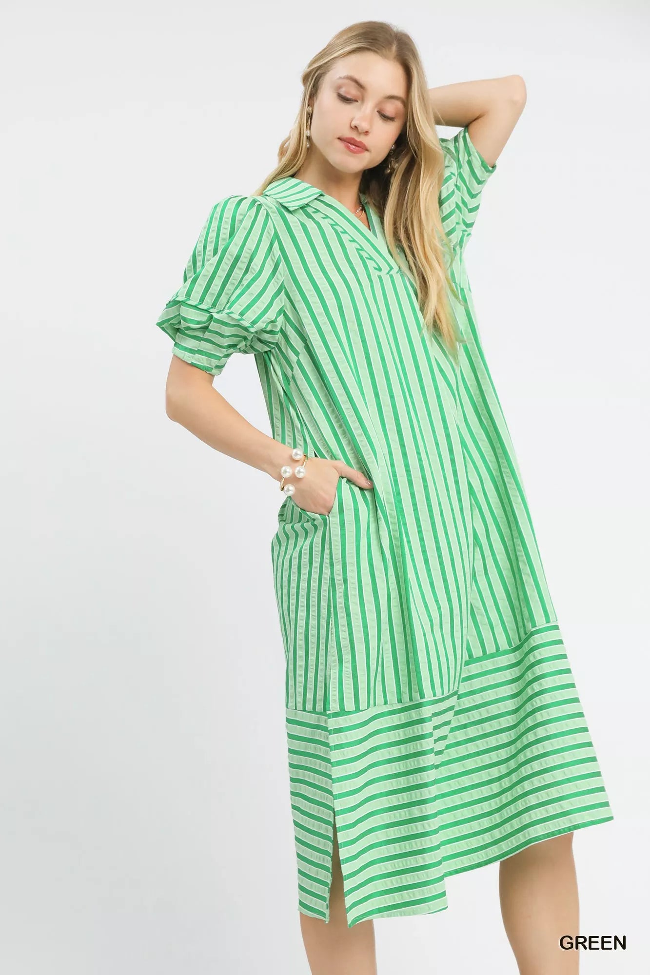 Umgee Striped Puff Sleeve Midi Dress Secondary image