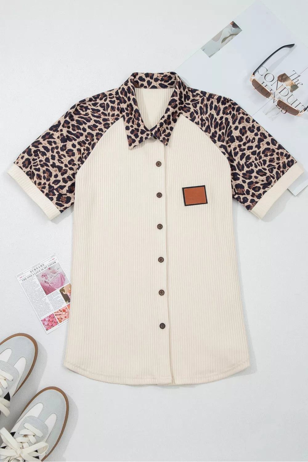 Ribbed Texture Button Down Leopard Patchwork Short Sleeve Shirt Secondary image