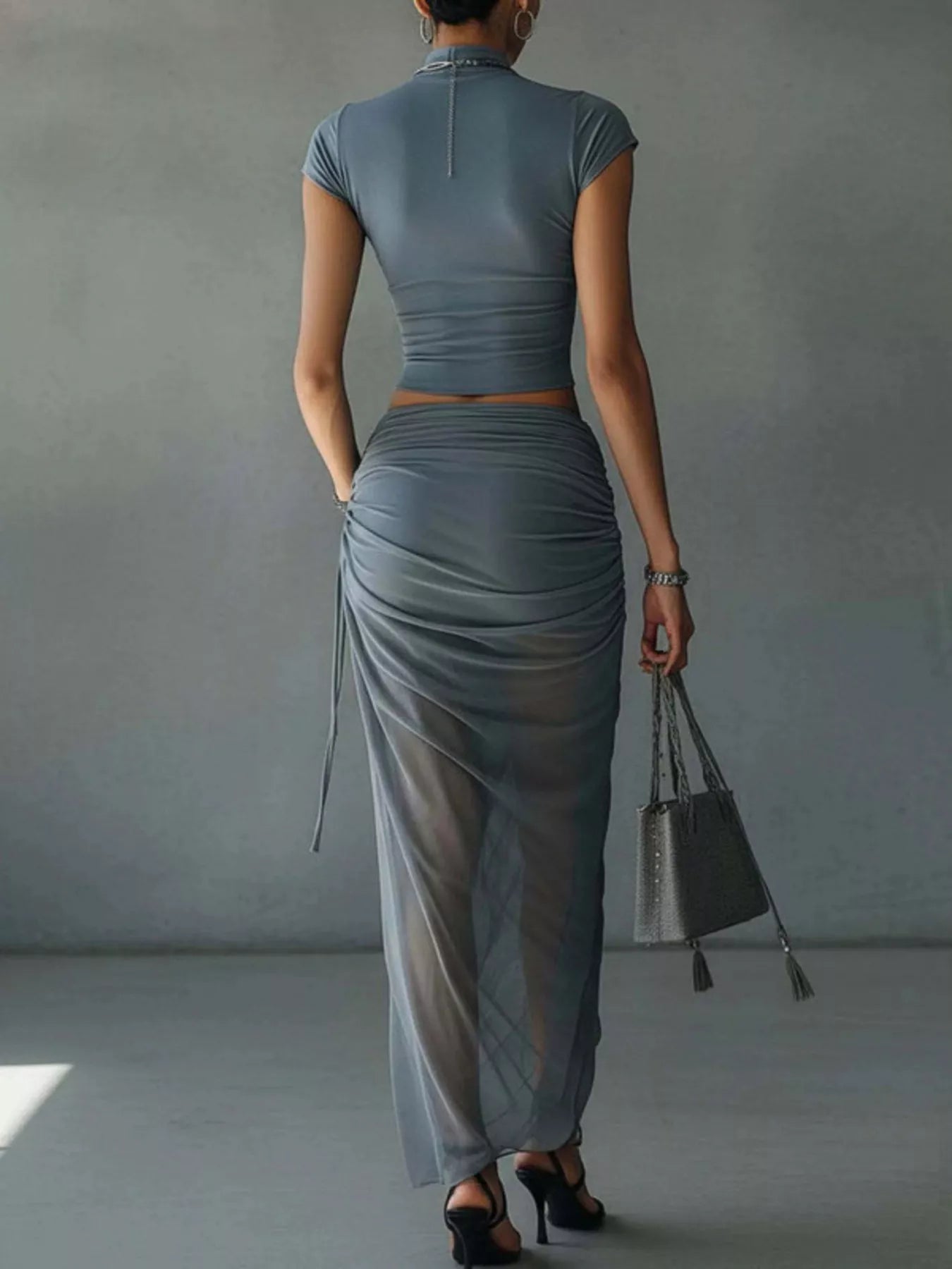 Mock Neck Crop Top and Ruched Maxi Skirt Set Secondary image