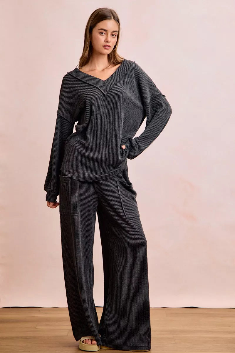 BiBi Two Tone Cord Rib Contrast Stitching V-Neck Top and Pants Set Secondary image