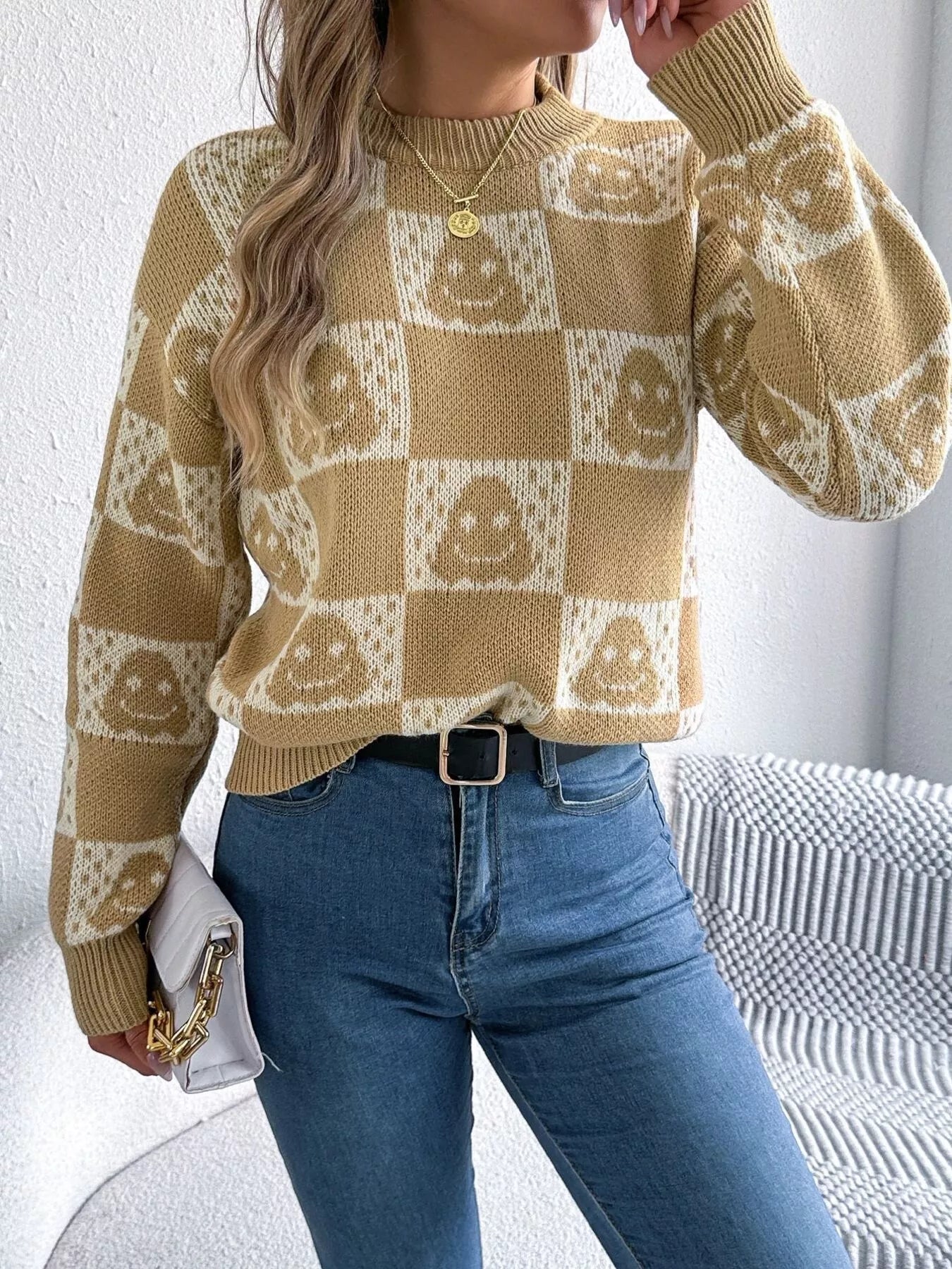 Checkerboard Halloween Graphic Sweater Secondary image
