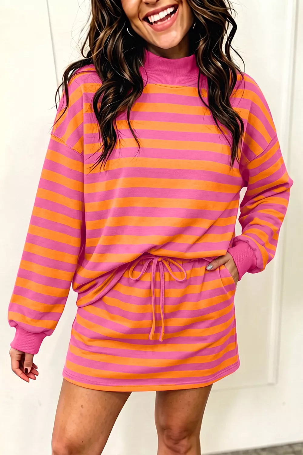 Stripe Color Block Patchwork Mock Neck Pullover Drawstring Mini Skort Set Secondary image
