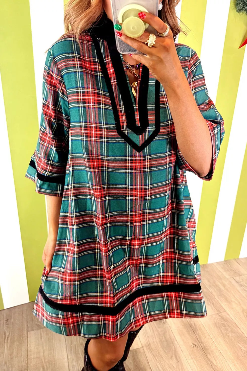 Plaid Velvet Trim Pockets Short Shift Dress Secondary image