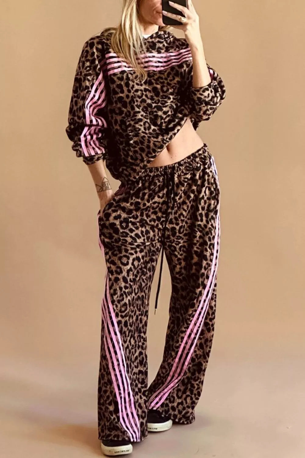 Leopard Print Contrast Striped Detail Long Sleeve Top Pant Set Secondary image
