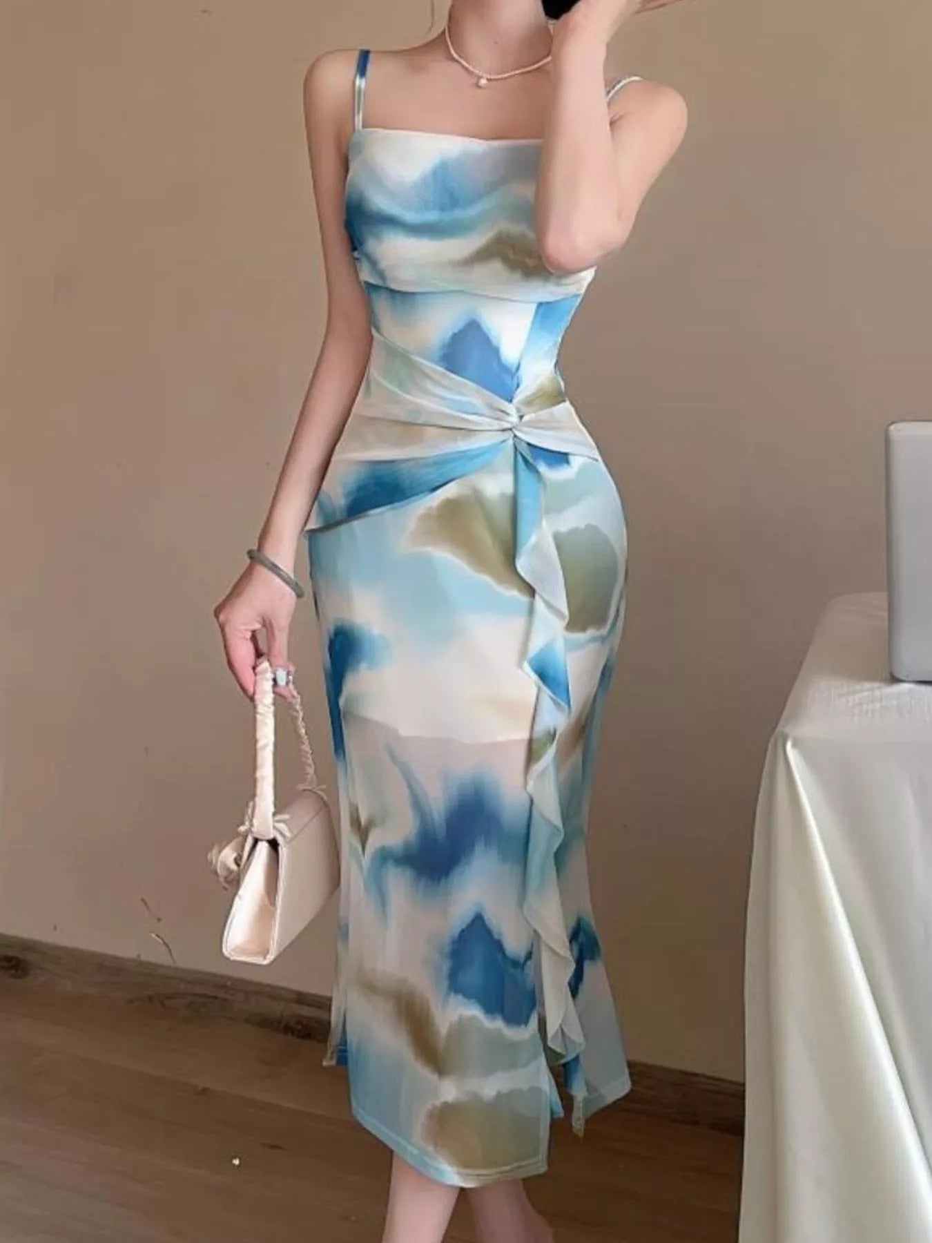 Abstract Watercolor Print Ruched Midi Dress Secondary image