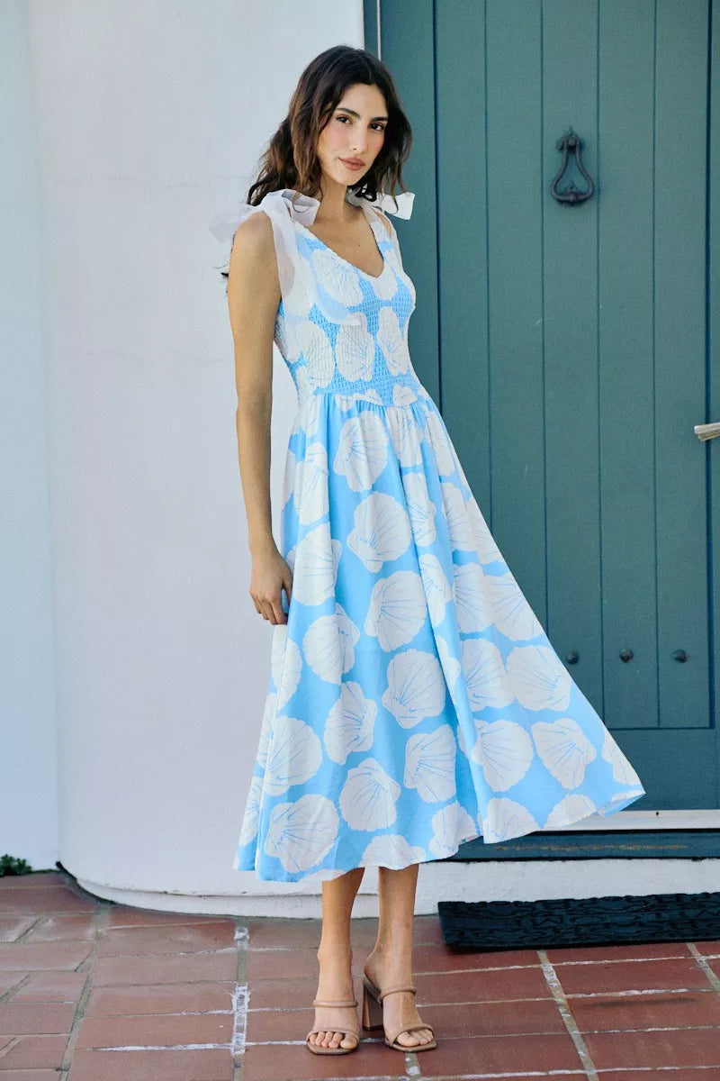 SO ME Shell Smocked Bodice Shoulder Tie Lined Midi Dress Secondary image