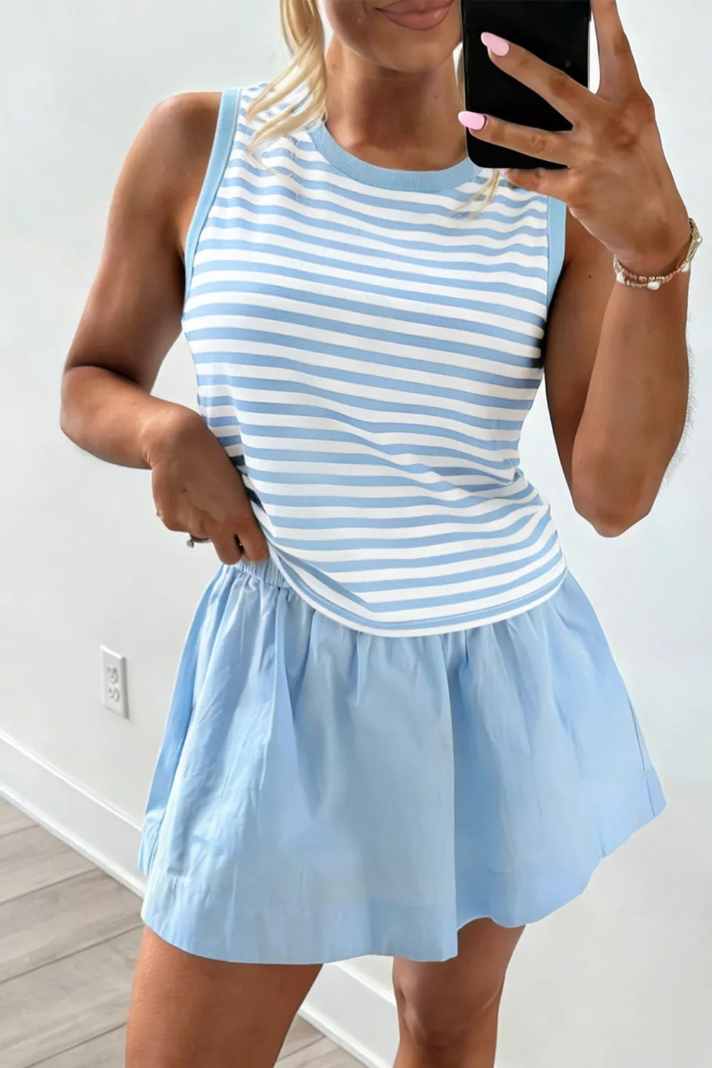 Stripe Slim Tank Contrast Ruffle Mini Skort Set Secondary image