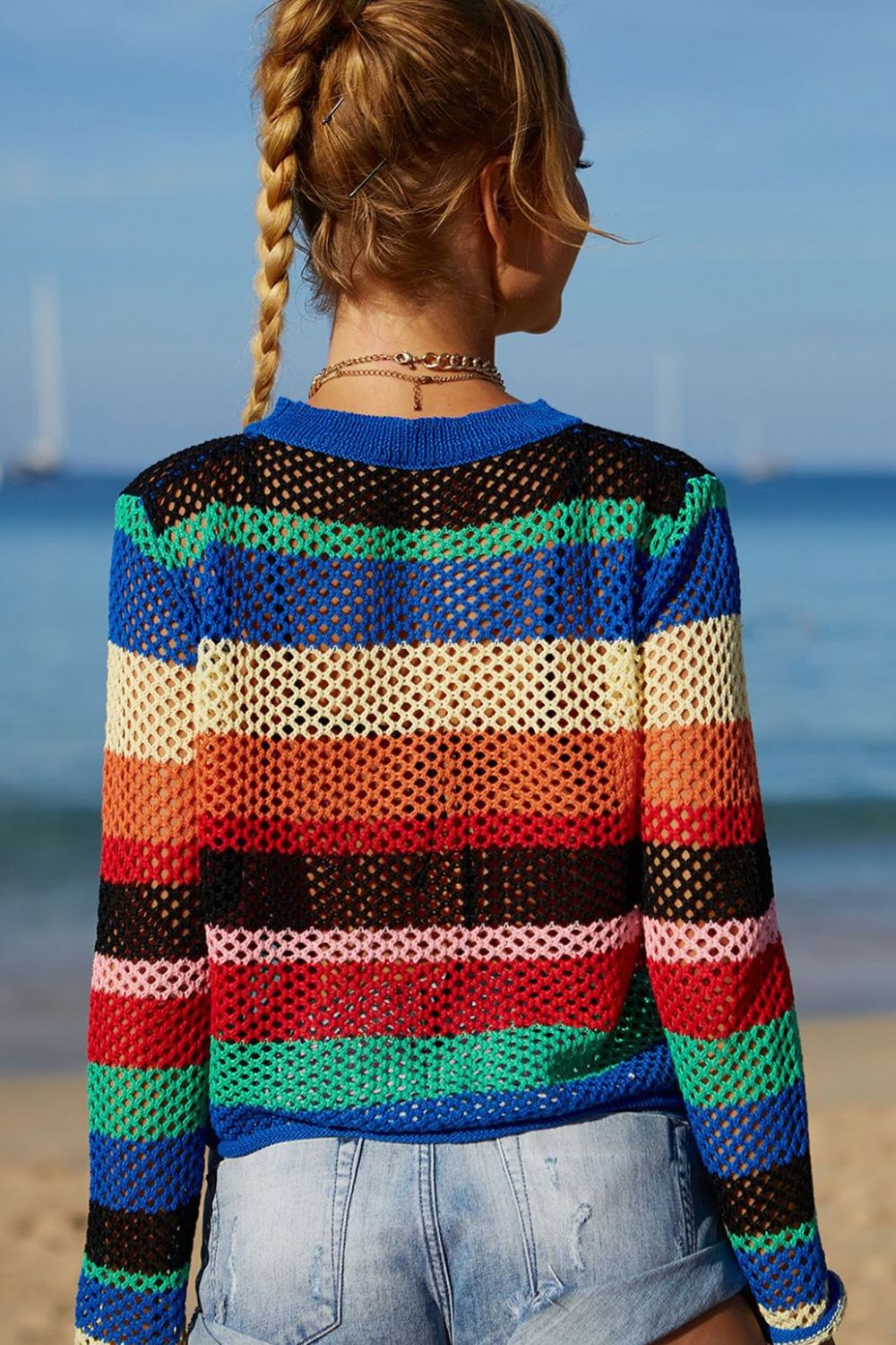 Angel Wings Rainbow Stripe Openwork Long Sleeve Cover-Up Secondary image