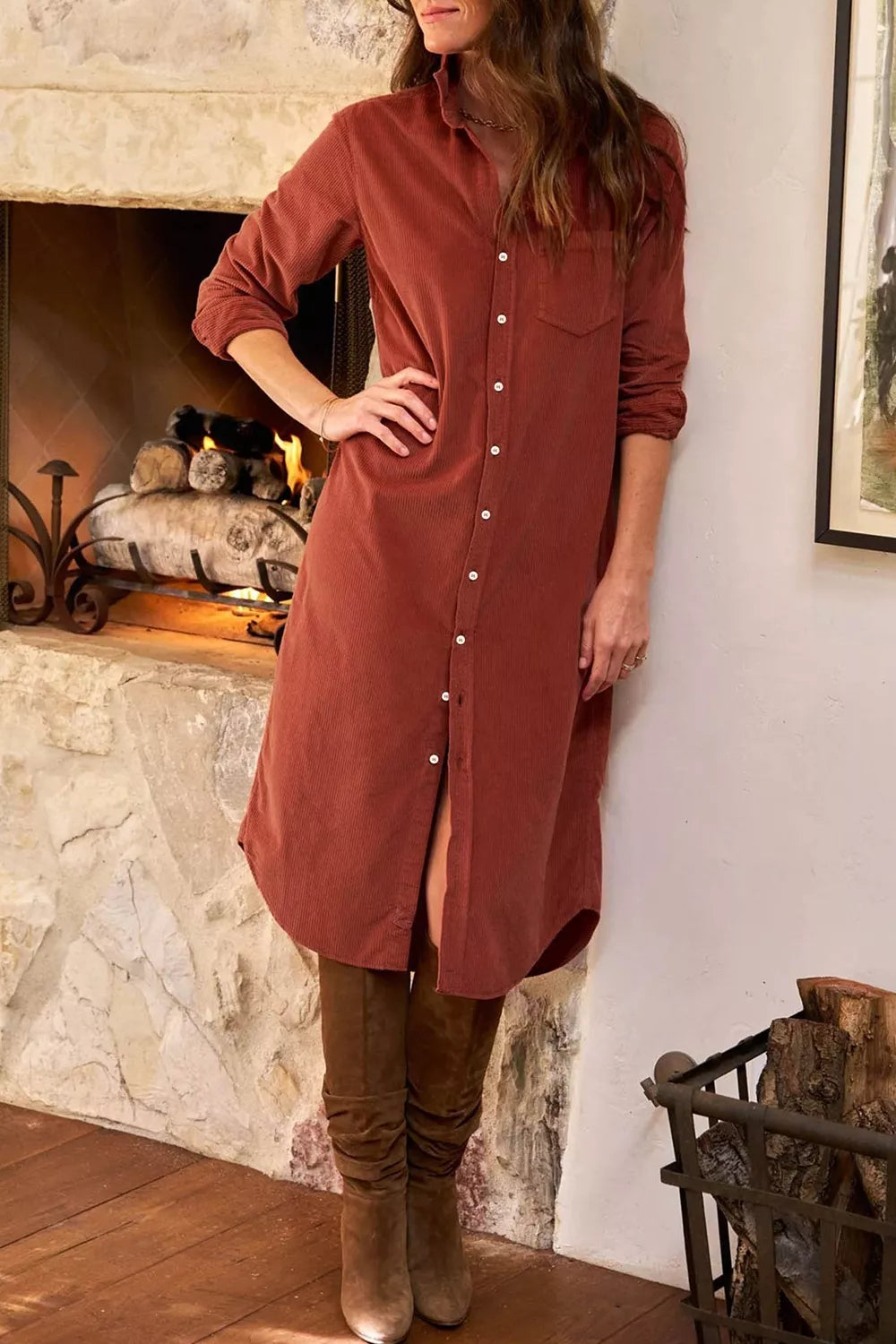Long Sleeve Button Down Corduroy Midi Dress Secondary image
