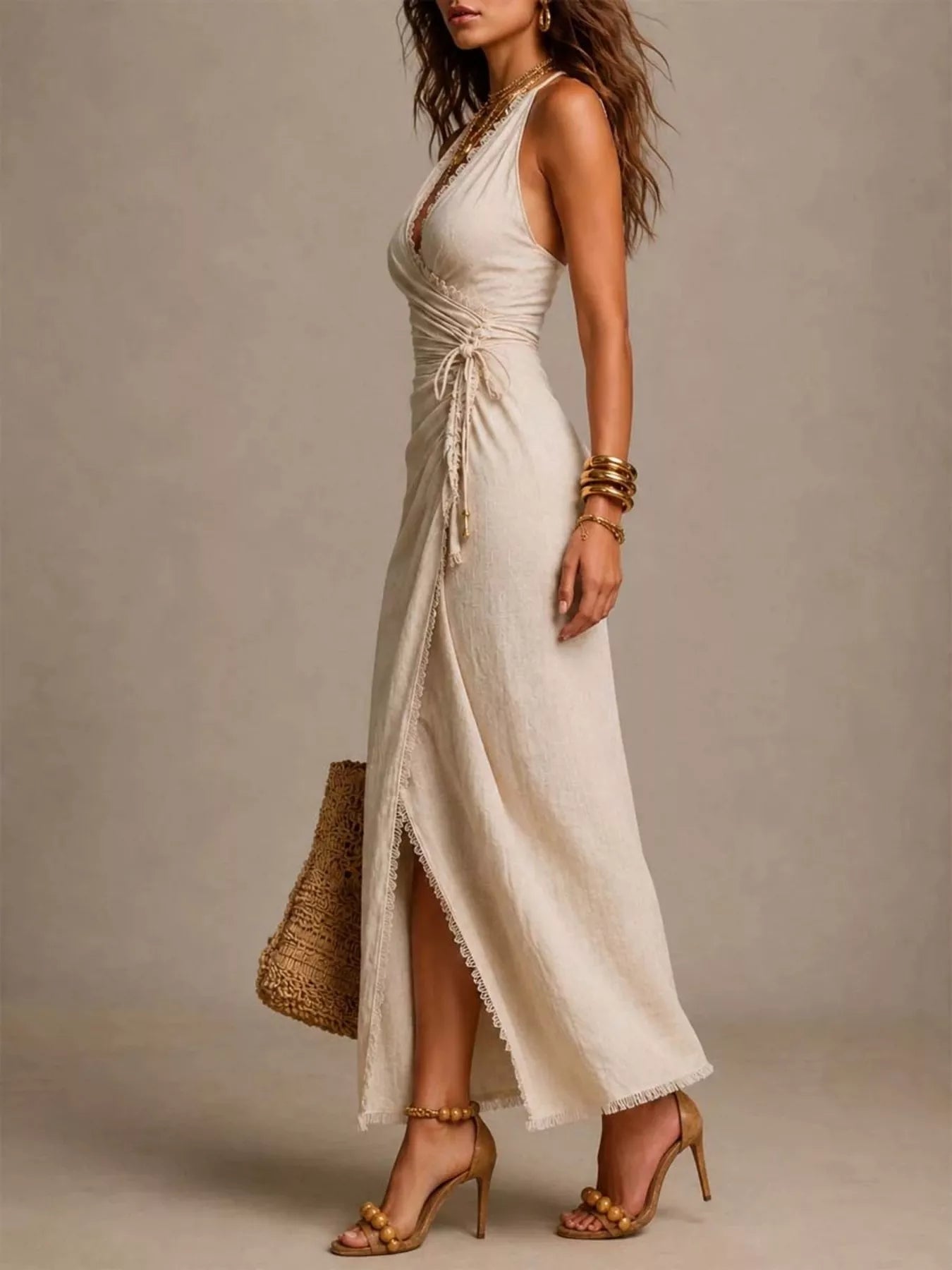 Lace-Trimmed Slit Wrap Midi Dress Secondary image