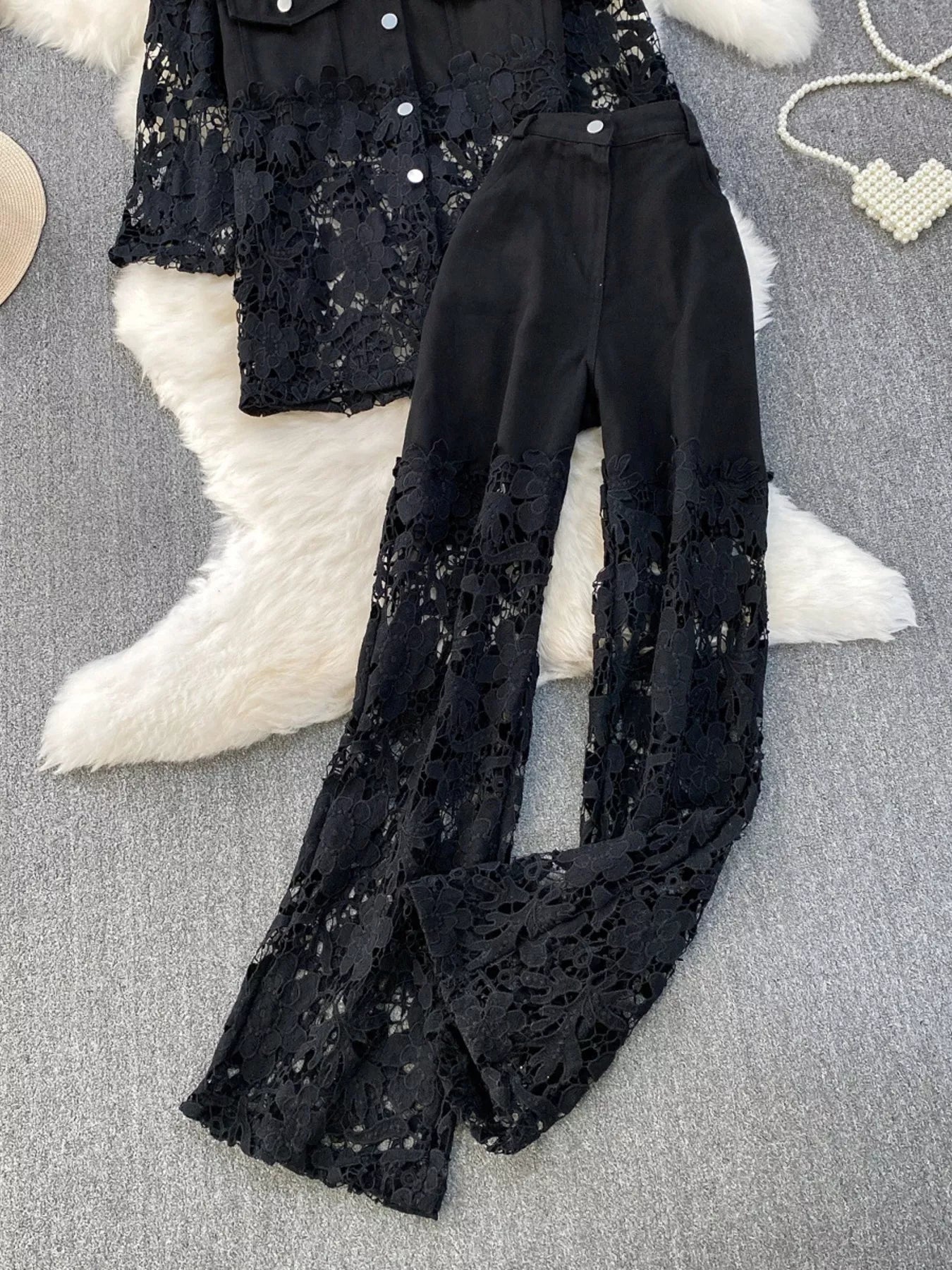 Lace Patchwork Shacket and Pants Set Secondary image