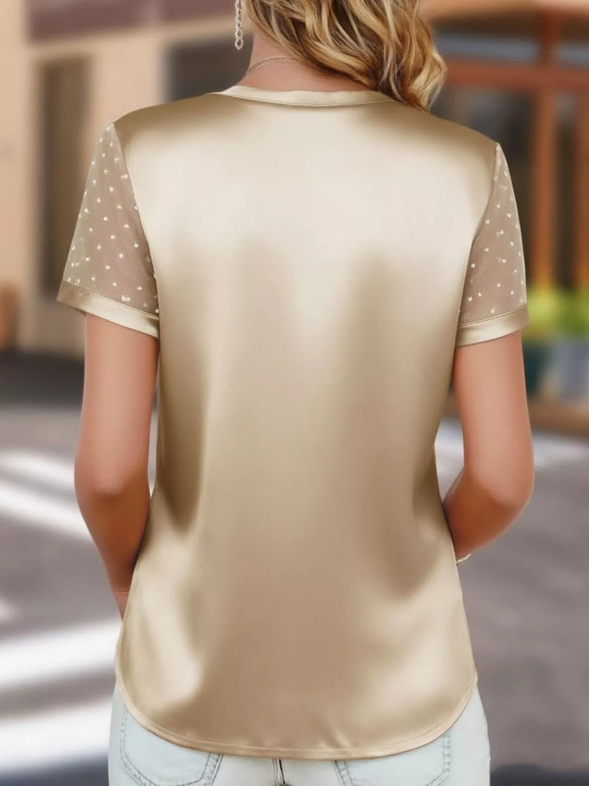 Satin V-Neck Sheer Short Sleeve Top - photo 6