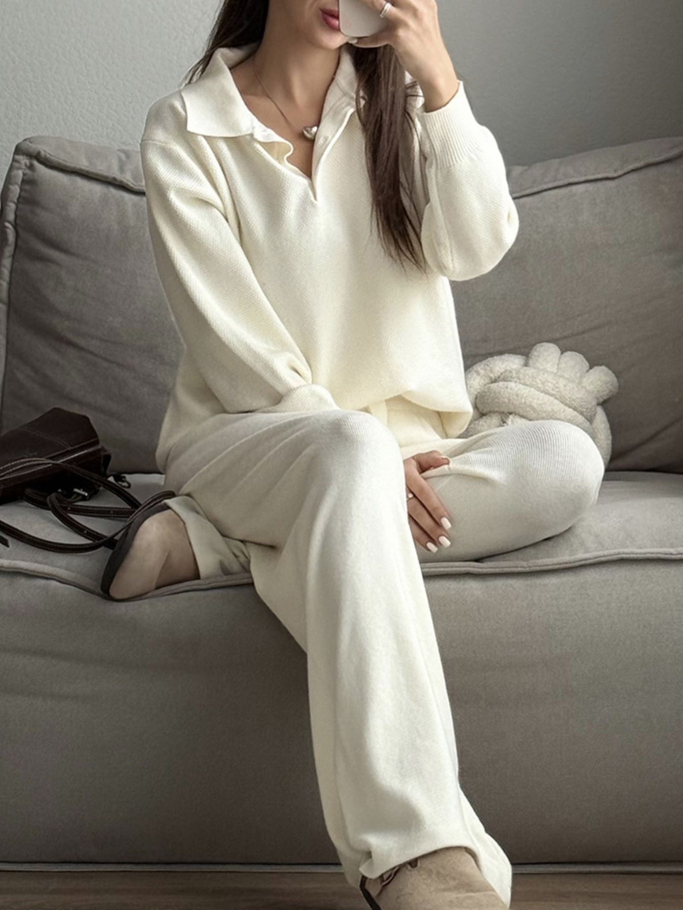 Polo Collar Top and Pants or Skirt Knit Set Secondary image