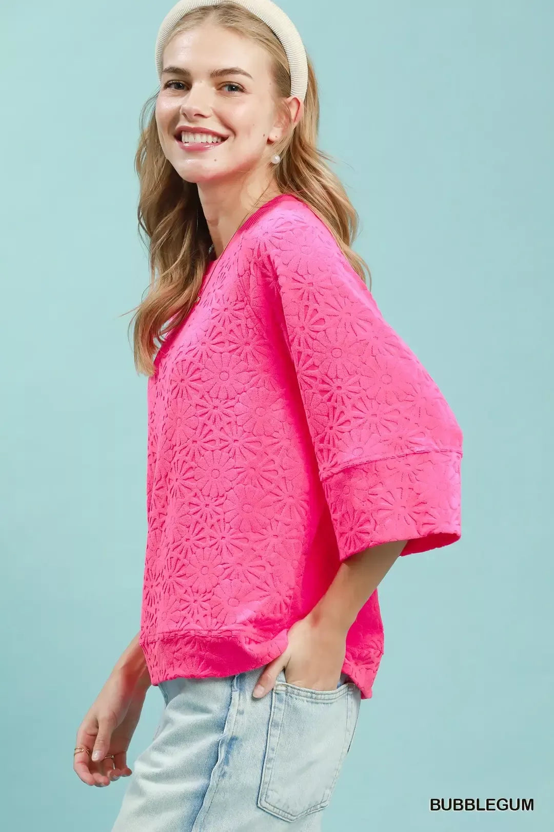 Round Neck Textured Floral Terry Blouse Secondary image