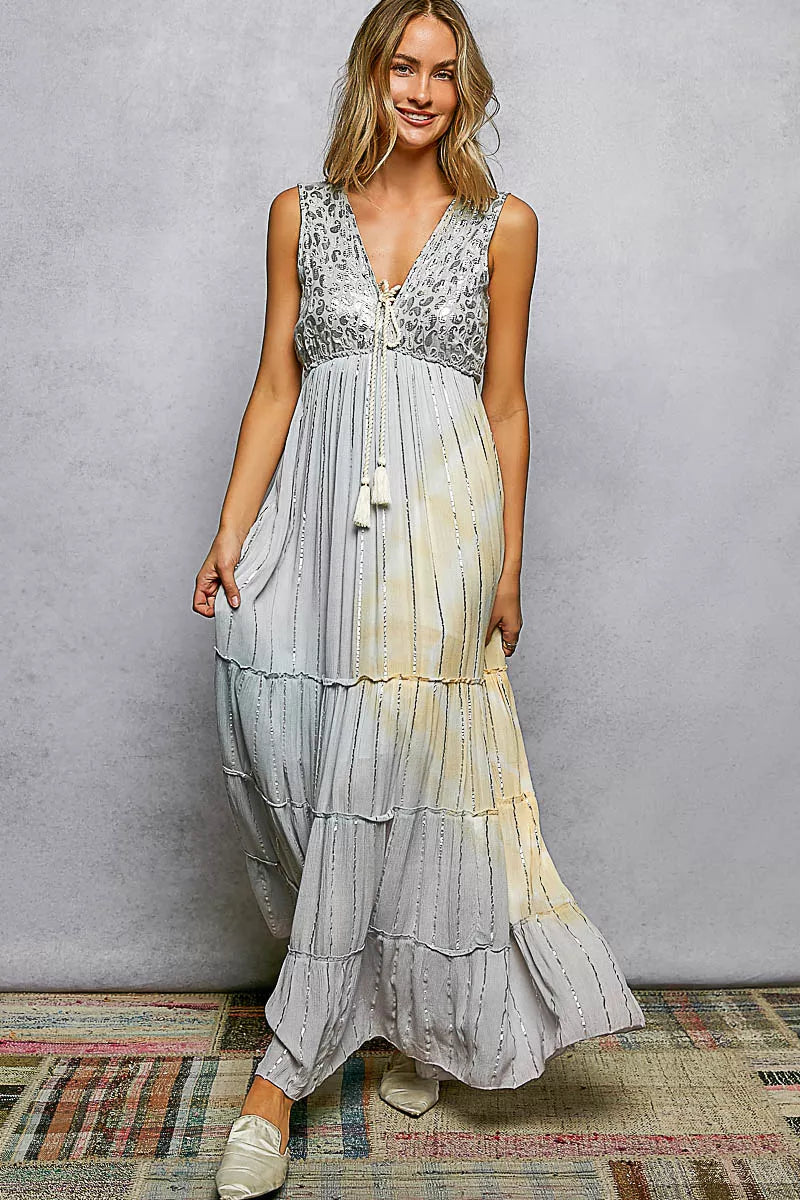 POL Deep V Sleeveless Cotton Bohemian Tiered Maxi Dress Secondary image
