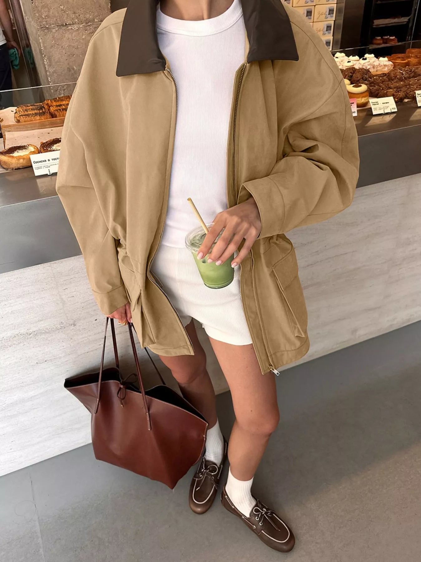 Oversized Contrast Collar Jacket with Drawstring Waist Secondary image