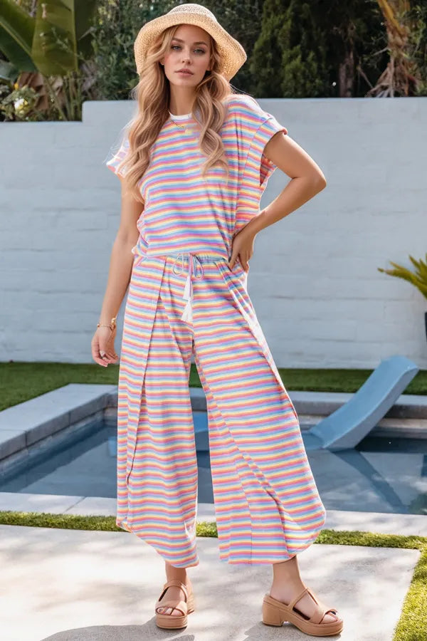 Striped Round Neck Short Sleeve Top and Pants Set Secondary image