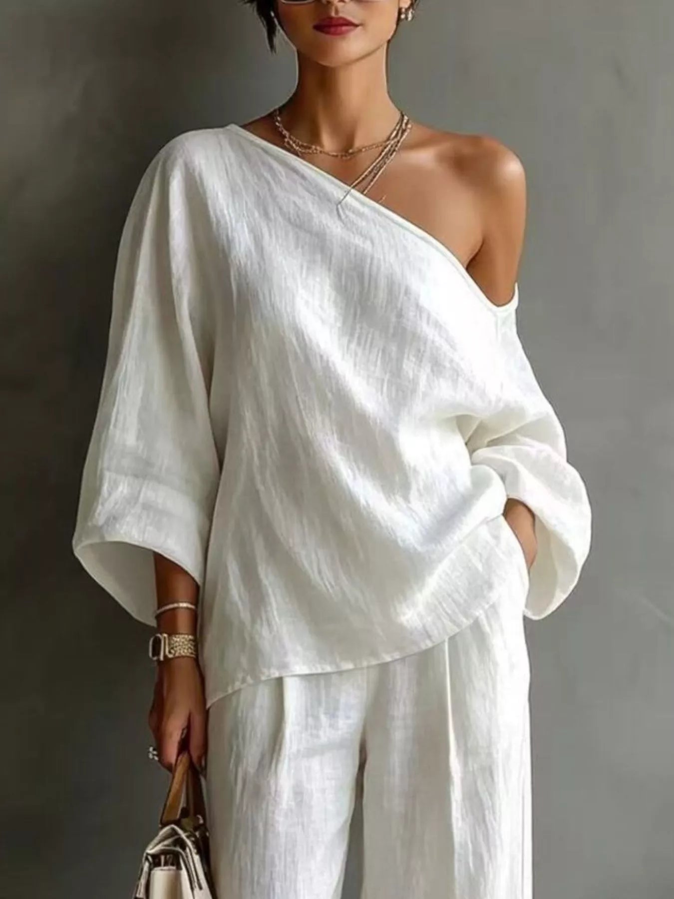 One Shoulder Top and Wide Leg Pants Set Secondary image